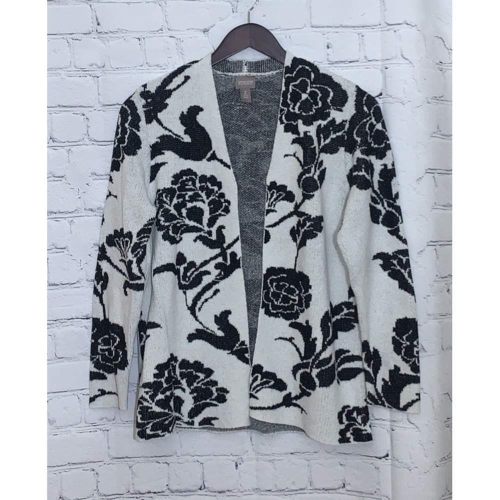Chicos Intarsia Knit Sweater Womens 2 Large Black Cream Floral Open Cardigan